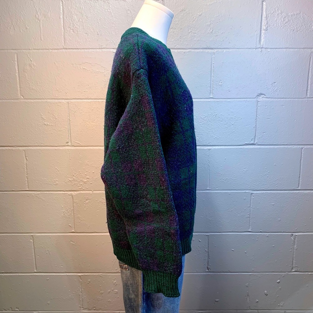 Vintage Benetton Shetland Wool Plaid Sweater Green Blue Women's Medium - Picture 2 of 5
